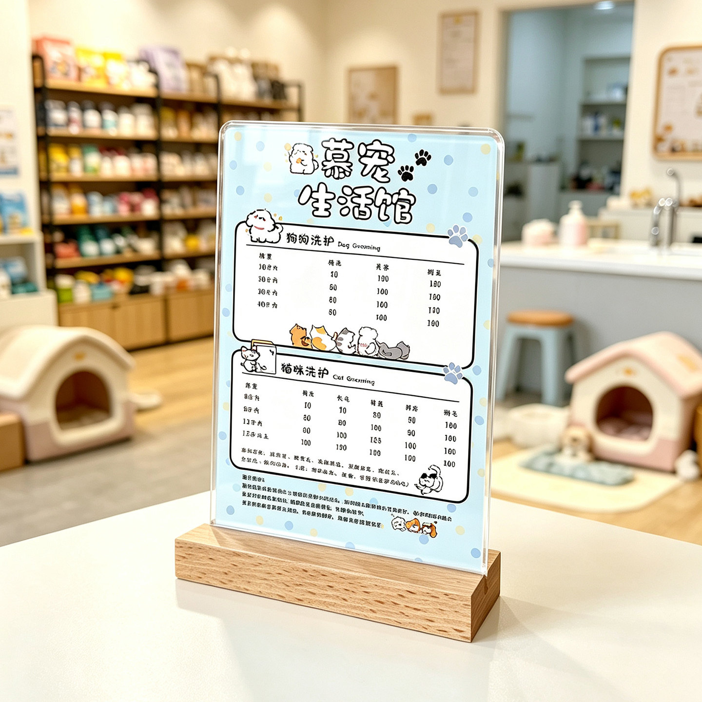 宠物立牌可定制桌面台卡展示桌牌展示台卡点餐台卡狗狗洗护透明生活馆宠物美容院价目表台牌亚克力桌面展示牌图片