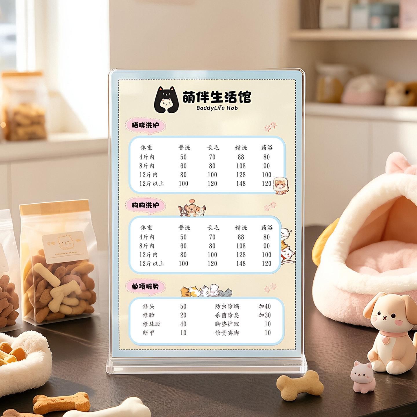 桌面台卡展示台牌宠物立牌桌面摆摊牌台面展示框宠物美容院价目表台牌实木底座桌面展示牌透明亚克力视力表图片