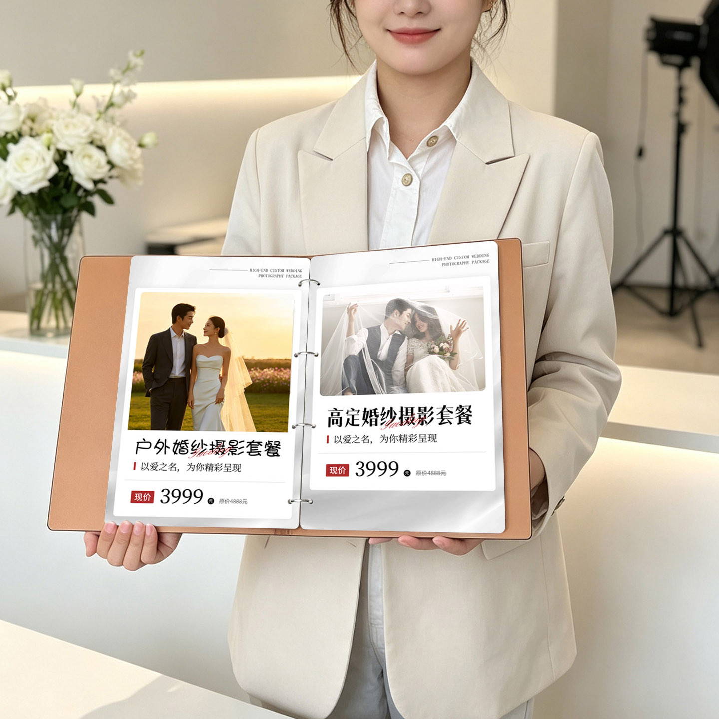 创意婚纱价目册定制台牌相册影楼相册本婚礼摄影桌牌皮质高颜值台卡多功能棕色双面打印纪念品收纳册价目表图片