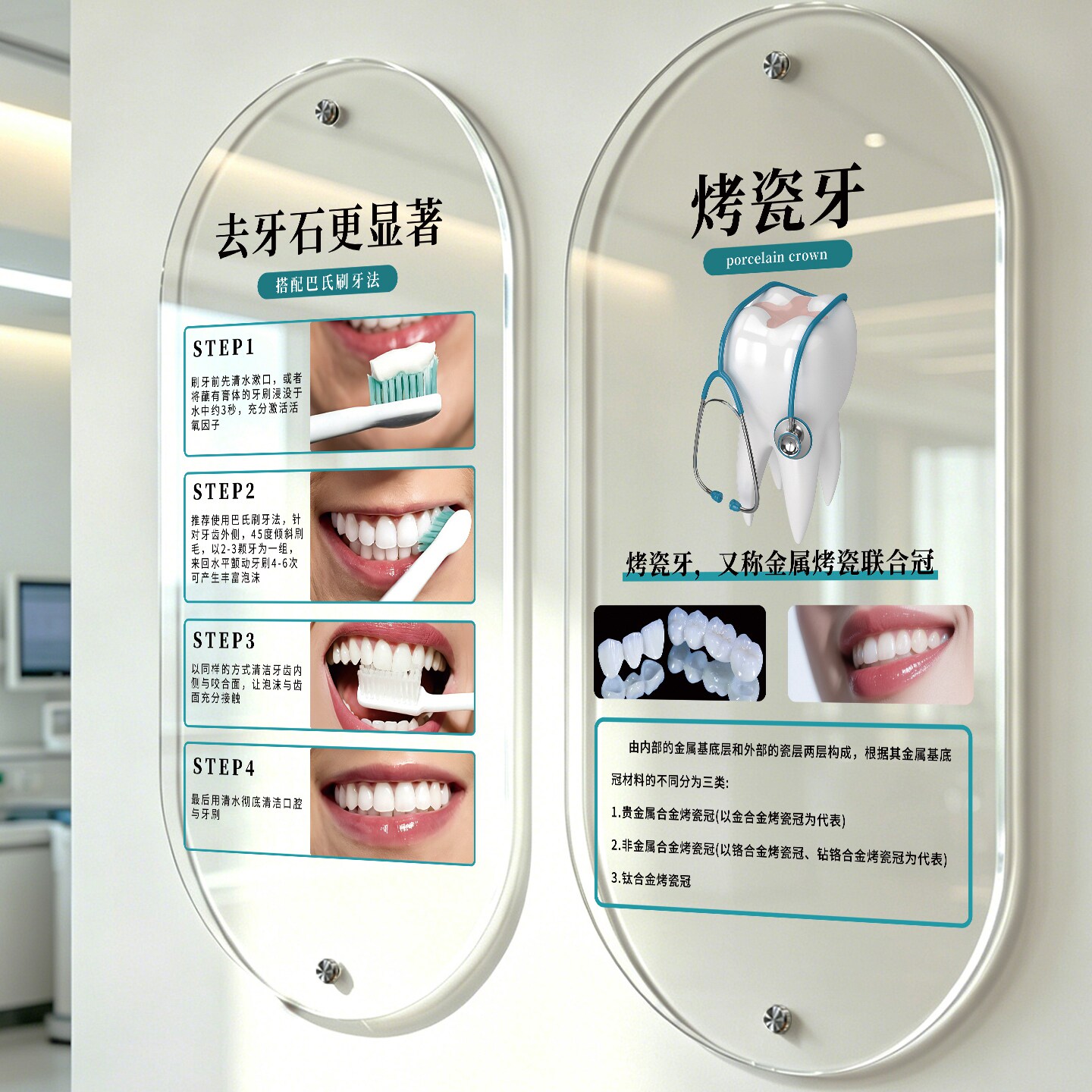 医疗迅雅牙科诊所椭圆展示牌亚克力透明标志牌去牙石烤瓷牙护理提示牌