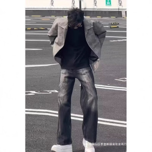 美式渐变痞帅春秋季牛仔裤男新款复古宽松高街阔腿裤子男款棉