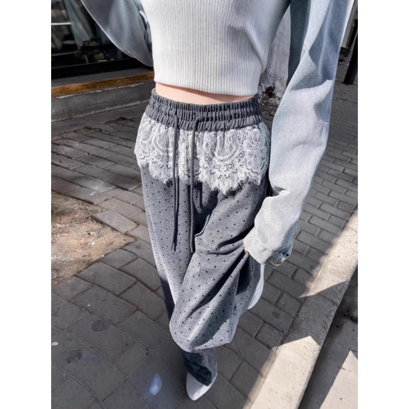 蕾丝拼接波点灰色阔腿裤女春秋新款高腰直筒宽松垂感休闲裙裤拖地