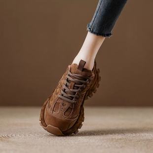 欧洲站磨砂皮厚底老爹鞋女2025新款小个子增高百搭时髦休闲运动鞋
