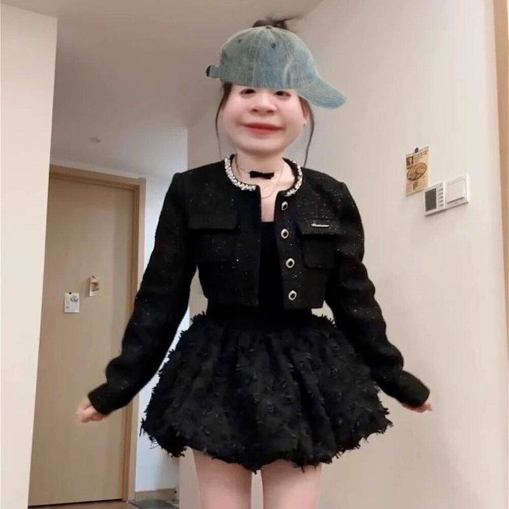 富家千金小香风套装冬季新款高级感名媛短外套方领公主蓬蓬连衣裙