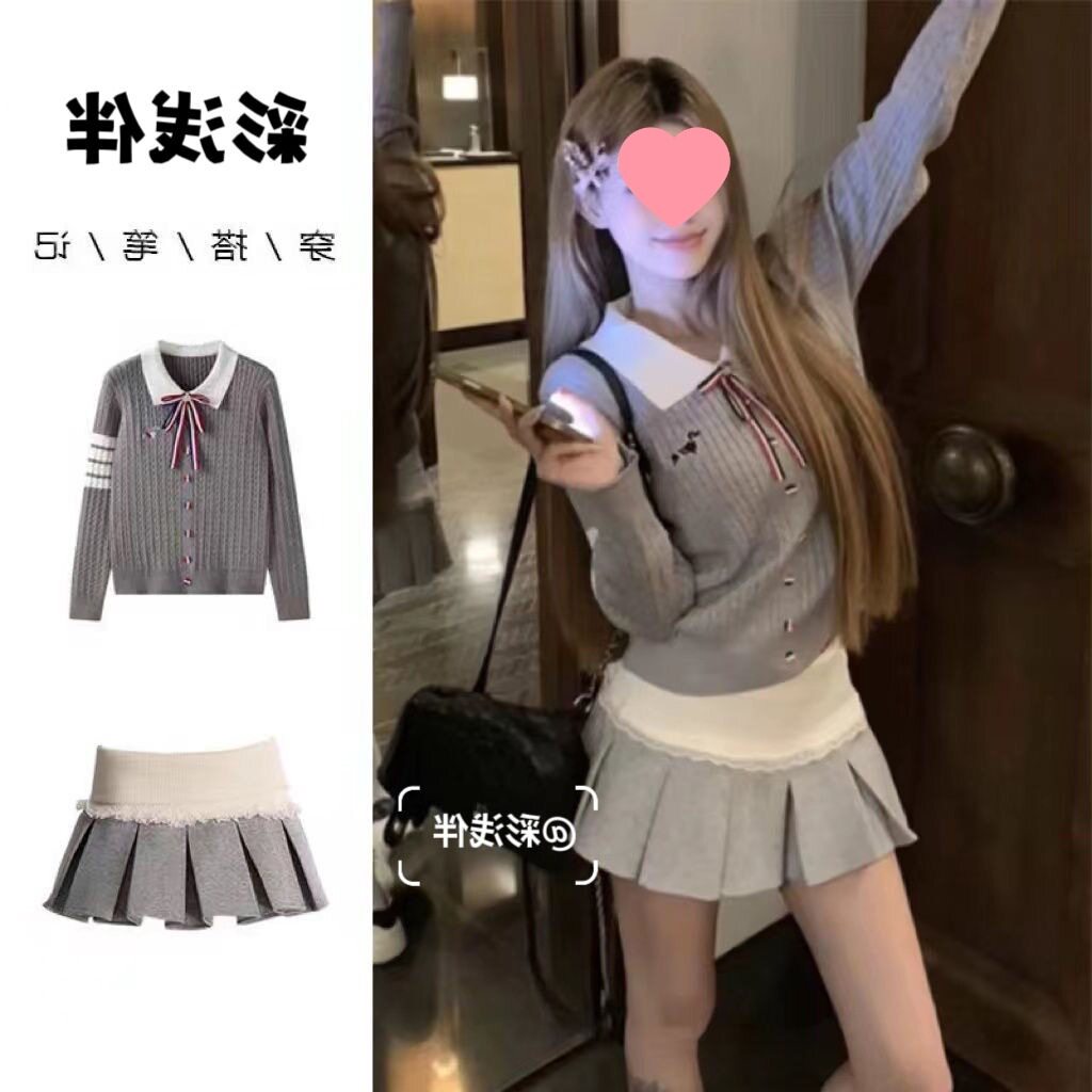 韩系学院风穿搭套装女2025春季甜妹领长袖针织衫半身裙两件套