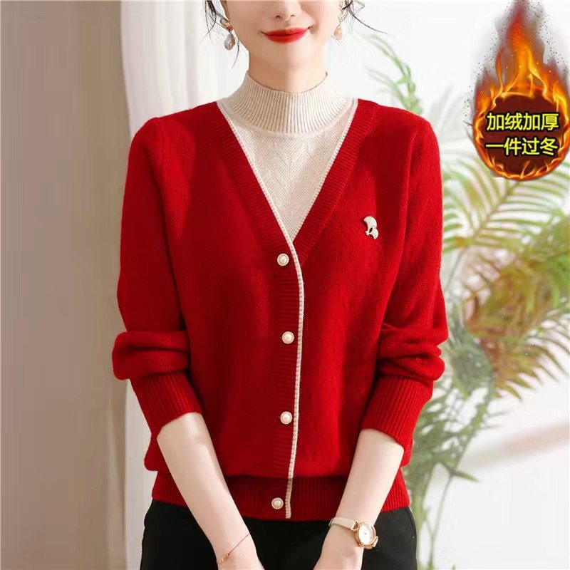 妈妈秋冬装加厚水貂绒假两件羊毛衣打底衫中老年女冬季保暖衣内