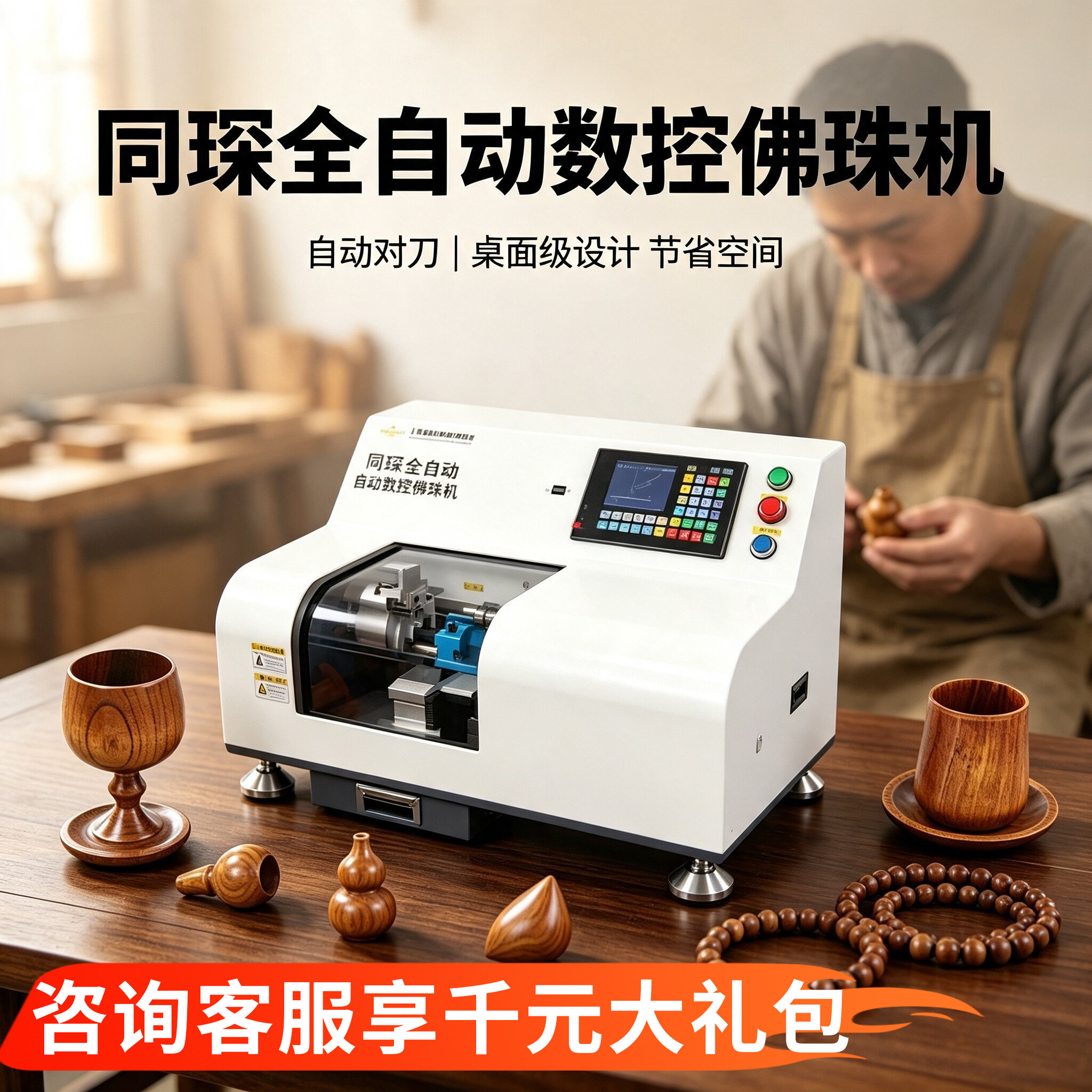 同琛小型数控佛珠机自动车圆珠子机床小型家用木工佛珠车床一体机