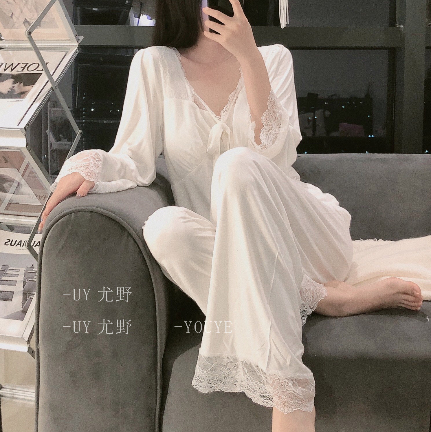 UY尤野 沦陷温柔乡*莫代尔蕾丝宽松睡衣女性感长袖长裤家居服套装