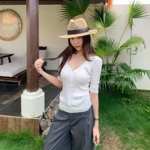 老钱风纯棉修身纽扣V领针织衫女款2026夏季新款独特漂亮薄款上衣