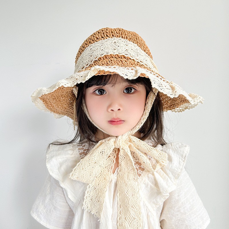 韩版夏季儿童度假沙滩帽子蕾丝草帽宝宝亲子女童春秋季防晒遮阳帽