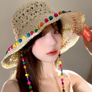 泫雅风彩色木珠草帽夏季镂空