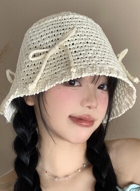 春夏蝴蝶结针织镂空防晒渔夫帽女