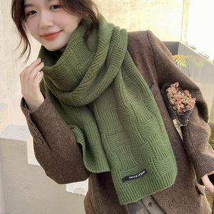纯色墨绿色小香风格子毛线针织围巾女冬季红色格纹送男生保暖围脖