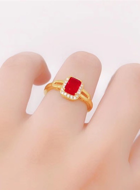 正品越南沙金红锆石戒指女铜镀黄金色百搭可调节指环久不掉色戒子