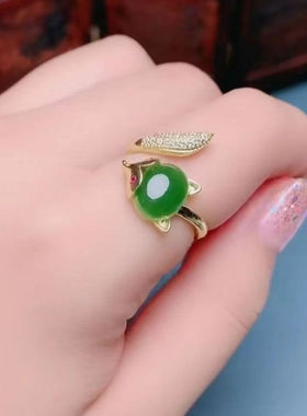 天然新疆和田碧玉狐狸戒指菠菜绿925银青白玉湖水清玉石女款证书
