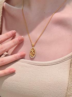 新中式黄金色一生金贵花窗项链金桂花沙金微镶锁骨链轻奢闪钻毛衣