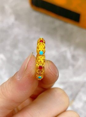 古法沙金镶嵌彩石戒指女镂空花纹食指戒高级感新中式花丝珐琅戒指