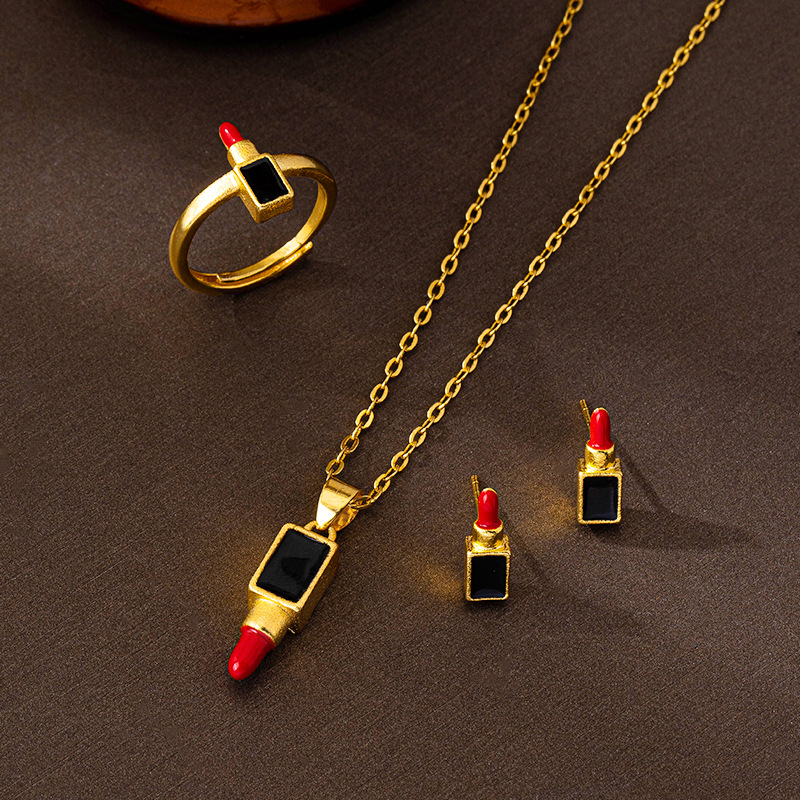 越南沙金唇膏活口戒指女跨境设计感滴油口红项链耳钉套装饰品