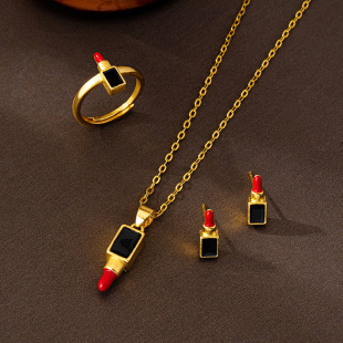 饰品 越南沙金唇膏活口戒指女跨境设计感滴油口红项链耳钉套装