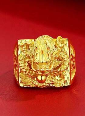 沙金龙形戒指时尚霸气潮流生肖龙正品金色活口戒指龙头不掉色首饰