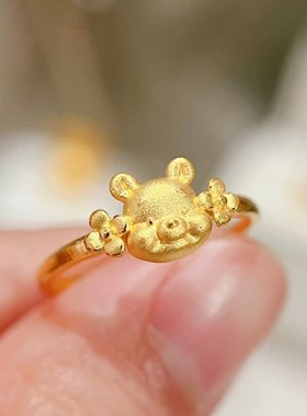 新款沙金黄金色维尼小熊戒指时尚百搭可爱卡通指环情人节送女友礼