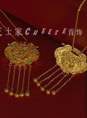 金锁黄金色吊坠天子门生沙金项链仿金婚嫁项链仿真三金结婚锁骨链
