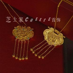 金锁黄金色吊坠天子门生沙金项链仿金婚嫁项链仿真三金结婚锁骨链