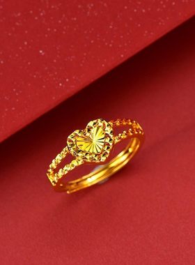 【精品】沙金999真金一心一意爱心金戒指女3D金可调节指环送爱人