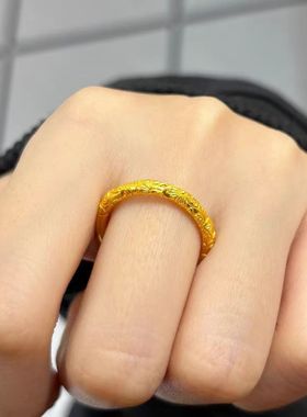 古法传承紫荆花戒指女金店同款金雕花素圈指环不掉色气质实心戒子