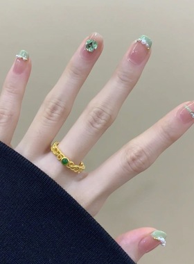 5G黄金色沙金镀金绿宝石碧玺戒指女古法花丝珐琅编织高级感开口戒