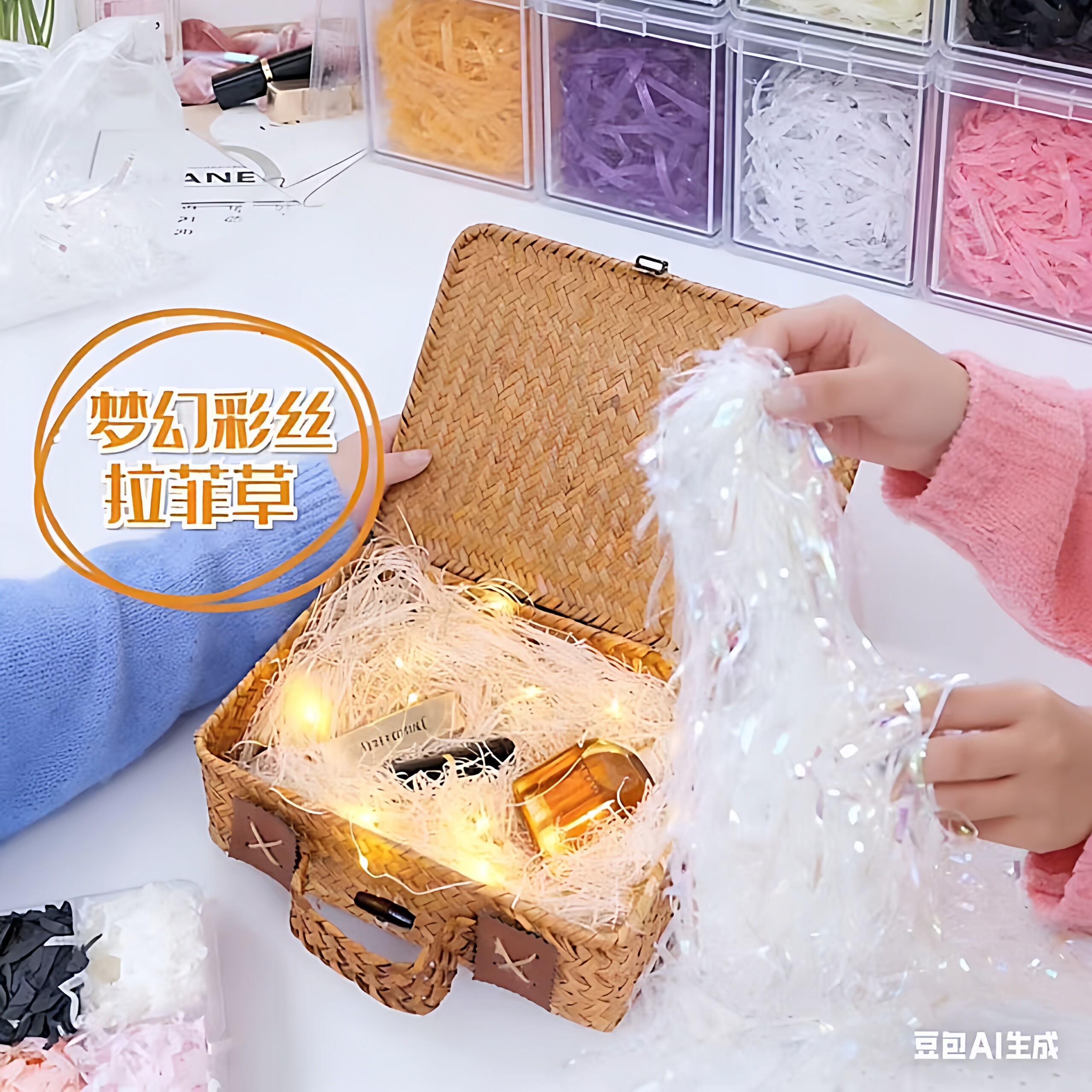 稻草色拉菲草填充物1mm细纸丝礼物盒喜糖盒配件拉丝填充装饰材料