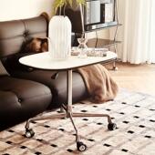 稍安物造 升降茶几可移动圆餐桌洞石岩板床边推车沙发边几咖啡桌