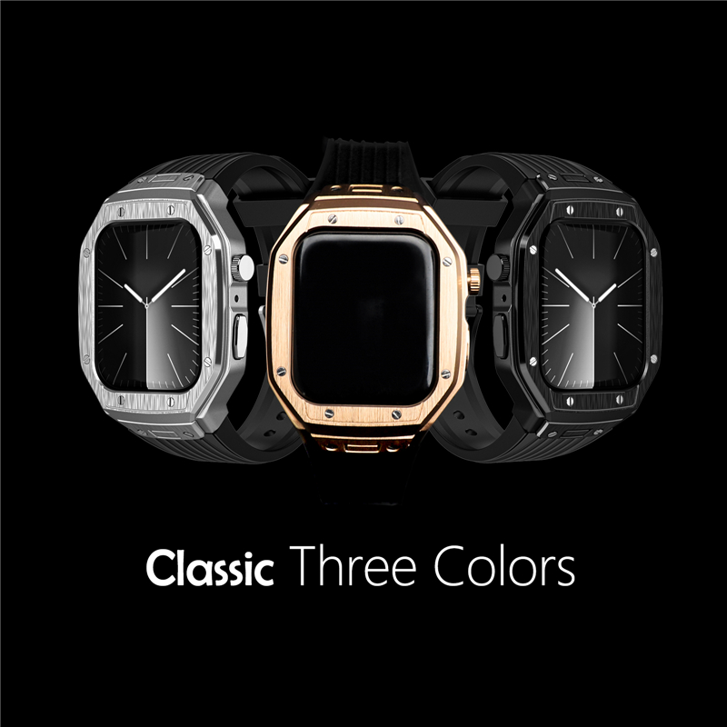 适用苹果手表带12钉金属S9改装AppleWatchs橡树iwatch8/6/57代不锈钢SE前后保护表壳金属一体商务男潮44/45mm