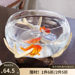 高透玻璃桌面圆形小金鱼缸造景生态缸观赏鱼创意水培绿植办公摆件