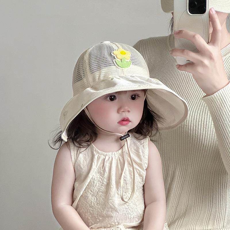 儿童帽子夏季薄款透气网眼大帽檐遮阳防晒帽女宝宝甜美渔夫盆帽潮