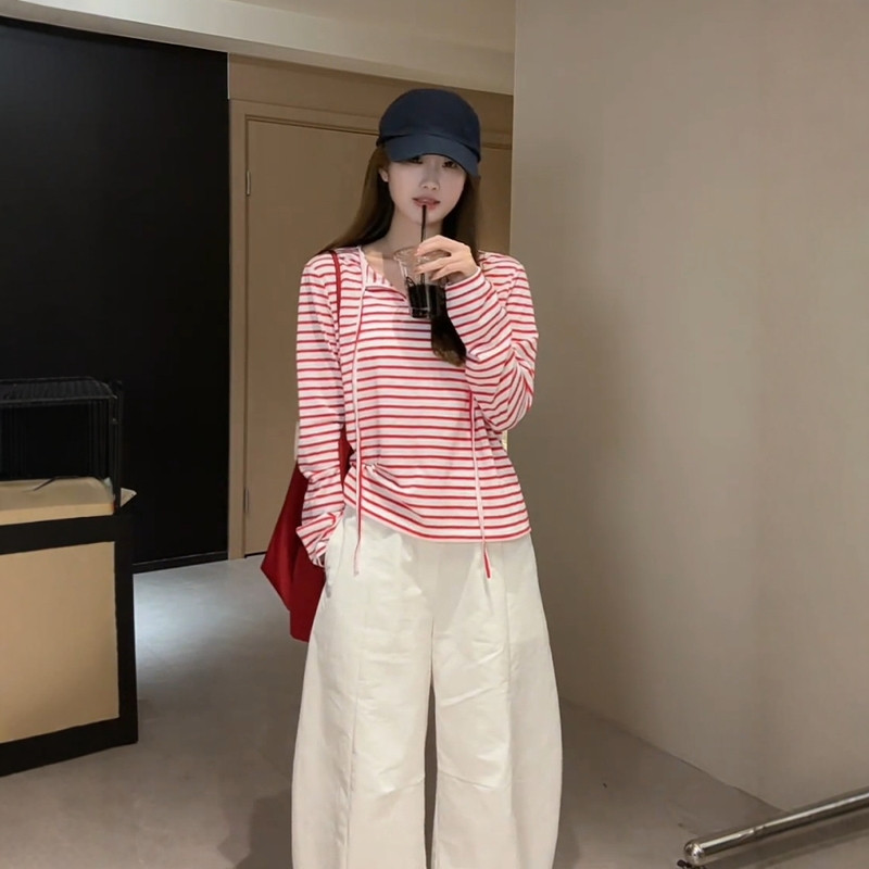 红色条纹系带V领长袖T恤女春秋洋派减龄外搭防晒罩衫独特漂亮上衣