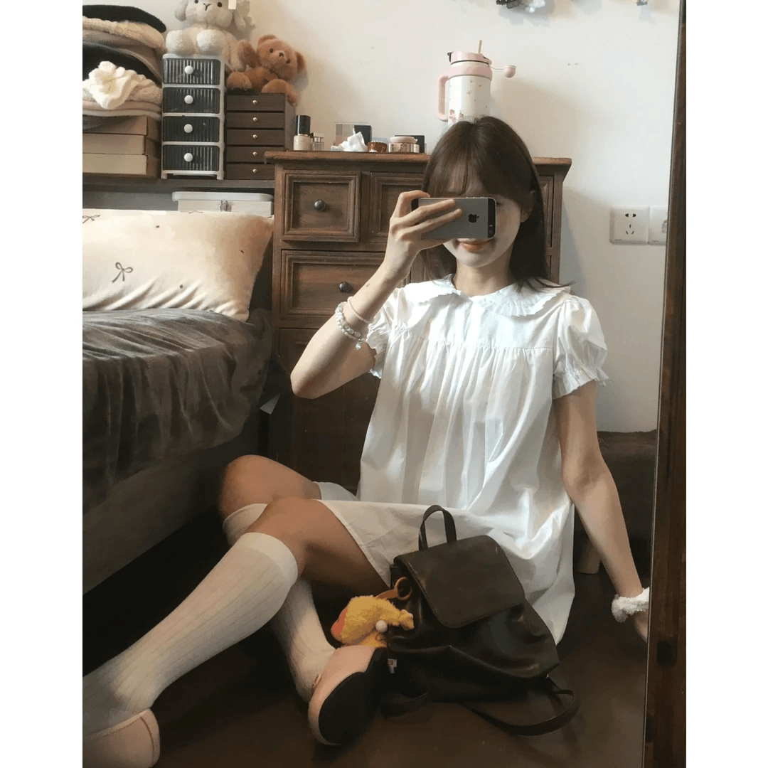 甜美法式娃娃领小白裙女