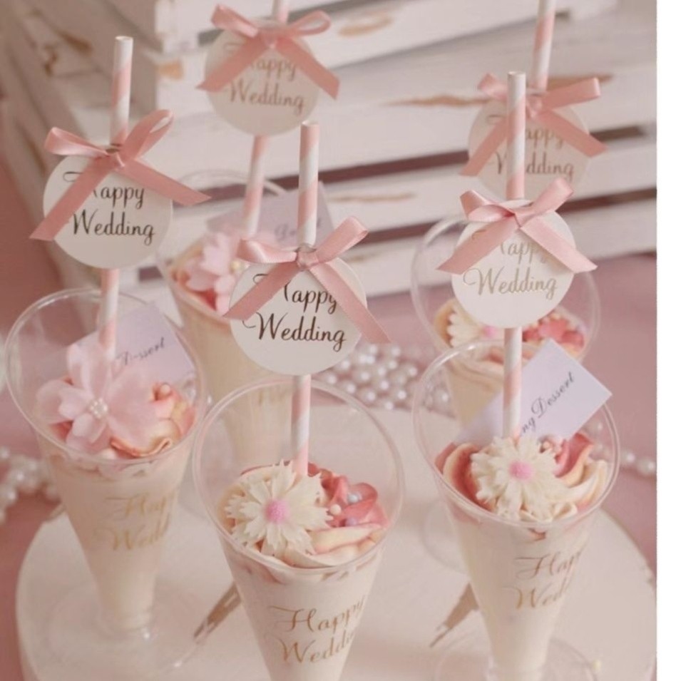 粉色婚礼甜品台粉色订婚甜品台慕斯杯布丁瓶蛋糕纸杯插件10枚