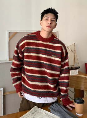 Holocene美式潮牌复古条纹撞色圆领宽松马海毛毛衣慵懒针织衫打底