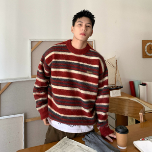 Holocene美式 打底 潮牌复古条纹撞色圆领宽松马海毛毛衣慵懒针织衫