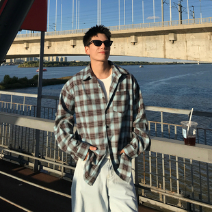 外套 男春秋痞帅风休闲磨毛长袖 Holocene美式 潮牌复古撞色格子衬衫