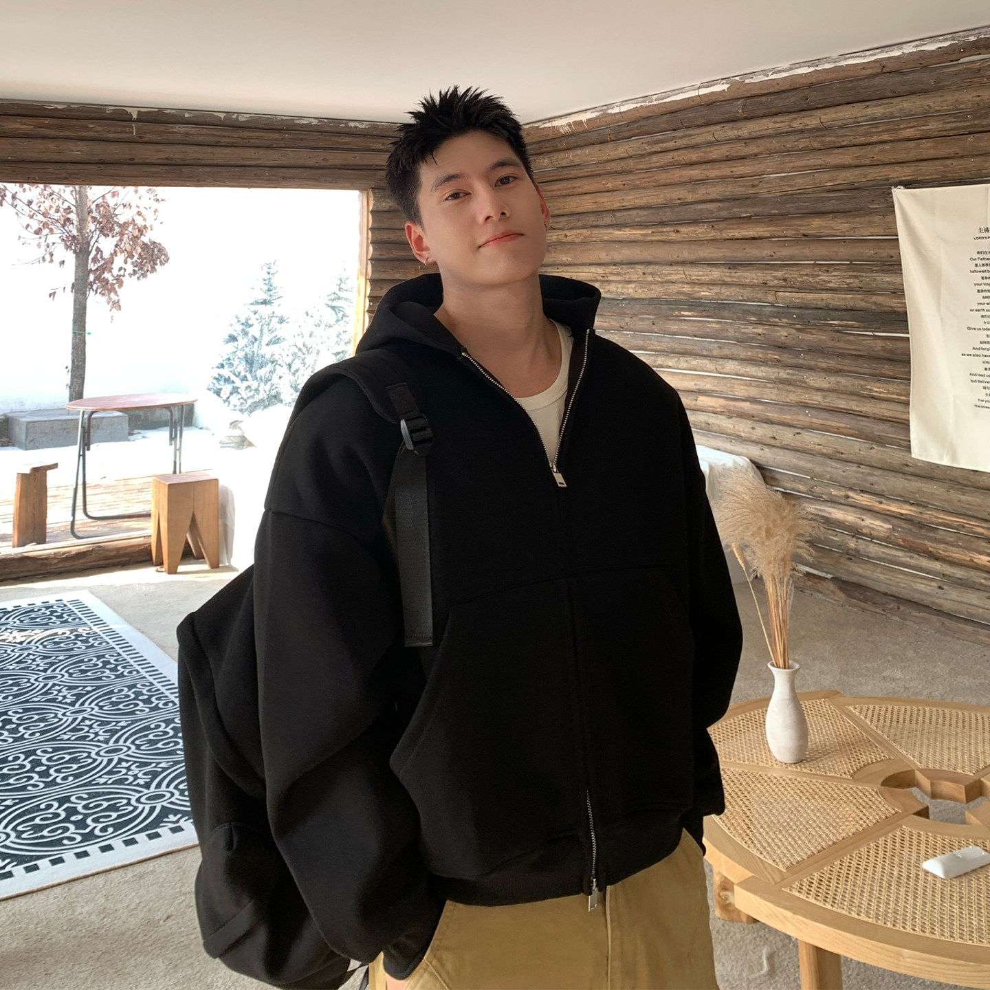 Holocene美式潮牌高街cleanfit重磅开衫卫衣男款秋季纯色连帽外套