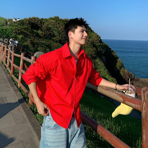 红色拉链翻领潮牌男长袖衬衫