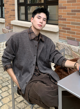 Holocene美式潮牌春秋假两件拼接衬衫领cleanfit针织衫男开衫外套