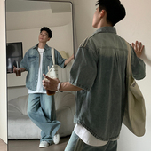 潮牌小众复古牛仔衬衫 套装 男短袖 Holocene美式 痞帅时尚 一整套搭配