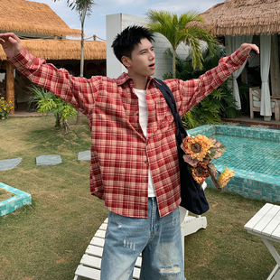 宽松休闲长袖 男生春季 上衣 潮牌小众复古红色格子衬衫 Holocene美式