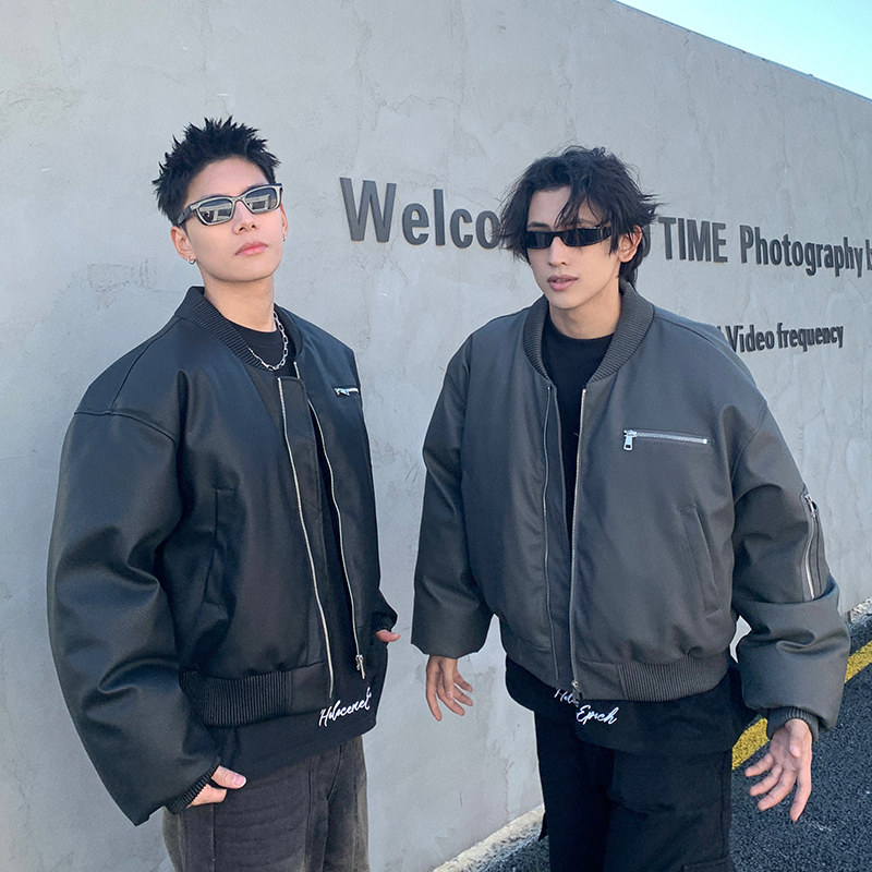 Holocene冬季棒球领PU皮夹克