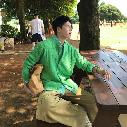Holocene男士宽松麻花毛衣开衫