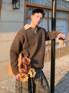 Holocene美式潮牌痞帅老钱风百搭翻领毛衣男秋冬假两件V领针织衫