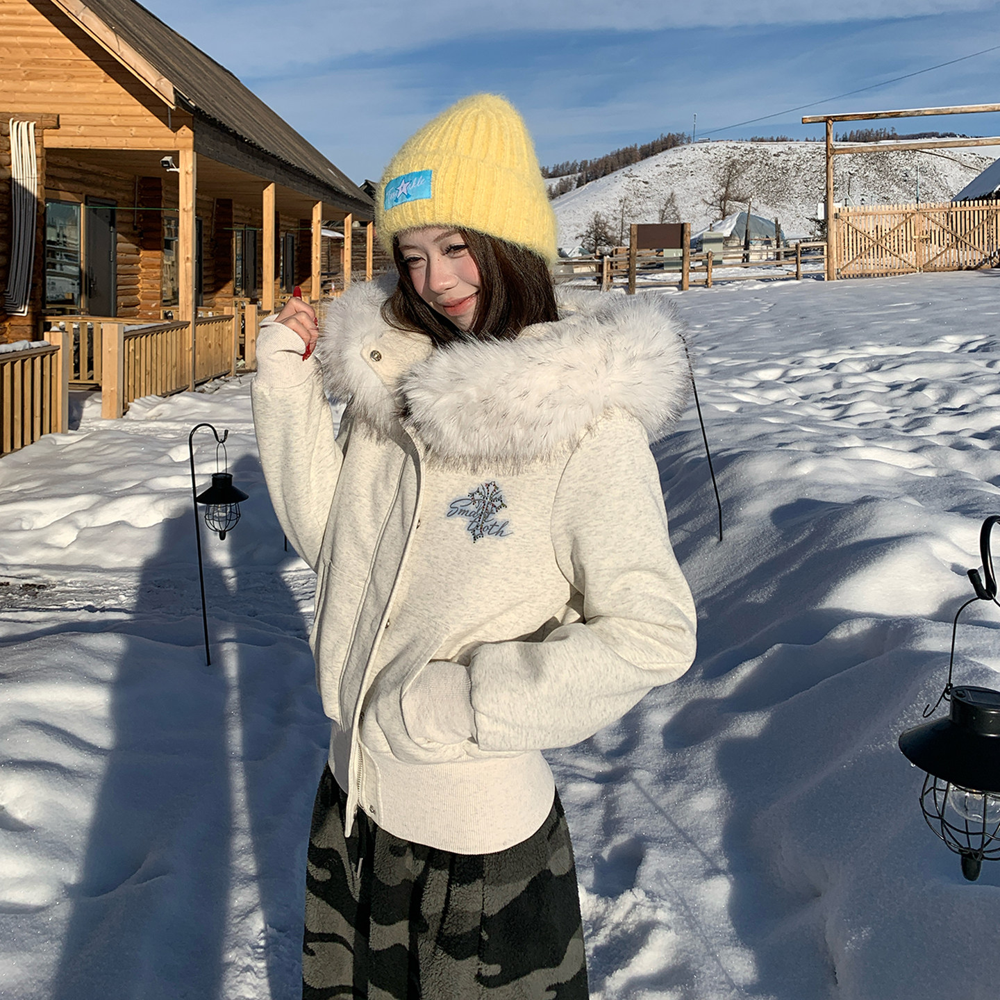 Holocene美式潮牌甜酷风辣妹毛领连帽开衫卫衣女冬季加绒修身外套